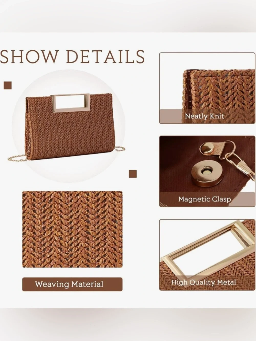 Woven Straw Clutch Bag with Gold Handle - Brown
